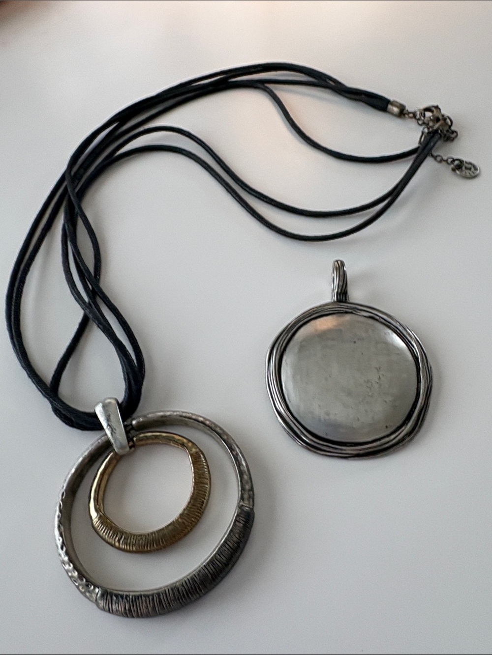 Karma Bella Mixed Metal Double Circle Pendant Necklace - Black Cord